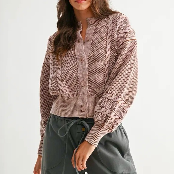 Camellia Sweaters - NEW Camellia Cable Knit Button Cardigan in Burgundy color size Small